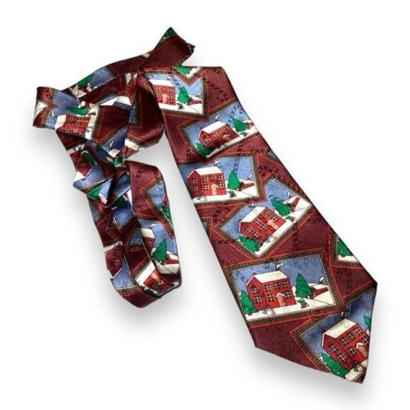 VTG Hallmark Mens Yule Tie Greetings Holiday Scenic Patchwork Necktie - Picture 1 of 5